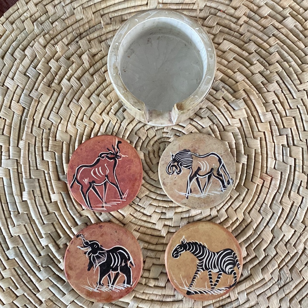 Hand Painted and Etched Safari Animals 4 Tile Stone Coaster Set